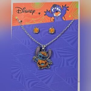 Disney Lilo & Stitch Pumpkin Necklace & Earrinh Set Nwt